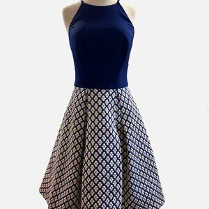 Phoebe Navy & Gold Fit & Flare Dress | Size 4
